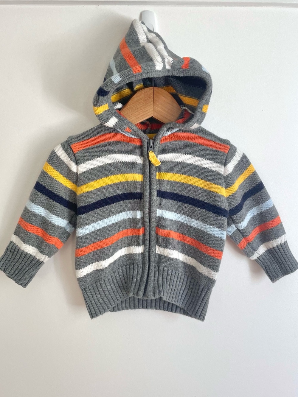 $6 💥Carter's Zip-Up Hoodie Cardigan Sweater, Cotton, Grey w Bright Stripes